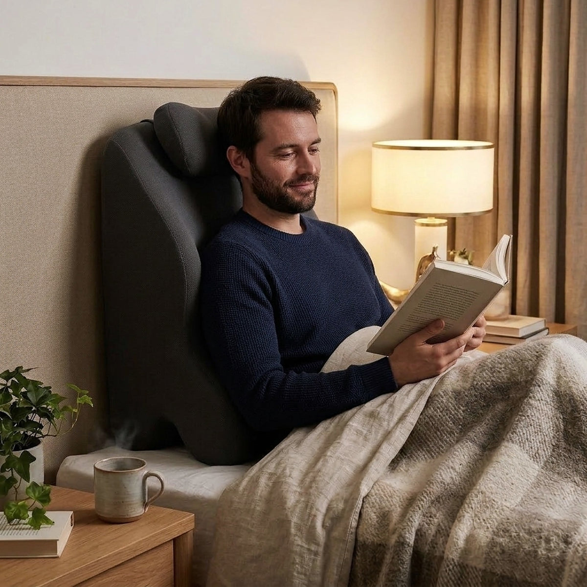 Un homme lit au lit, adossé au coussin Le Bouquineur