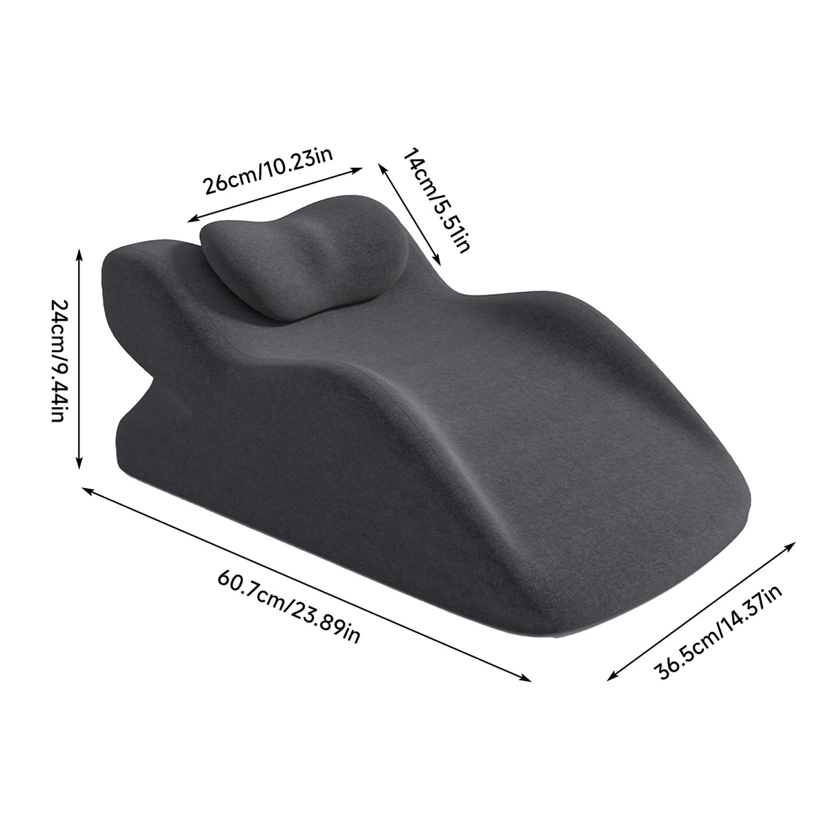 Dimensions du coussin : 60,7 x 36,5 x 24 cm, appui-tête 26 x 14 cm