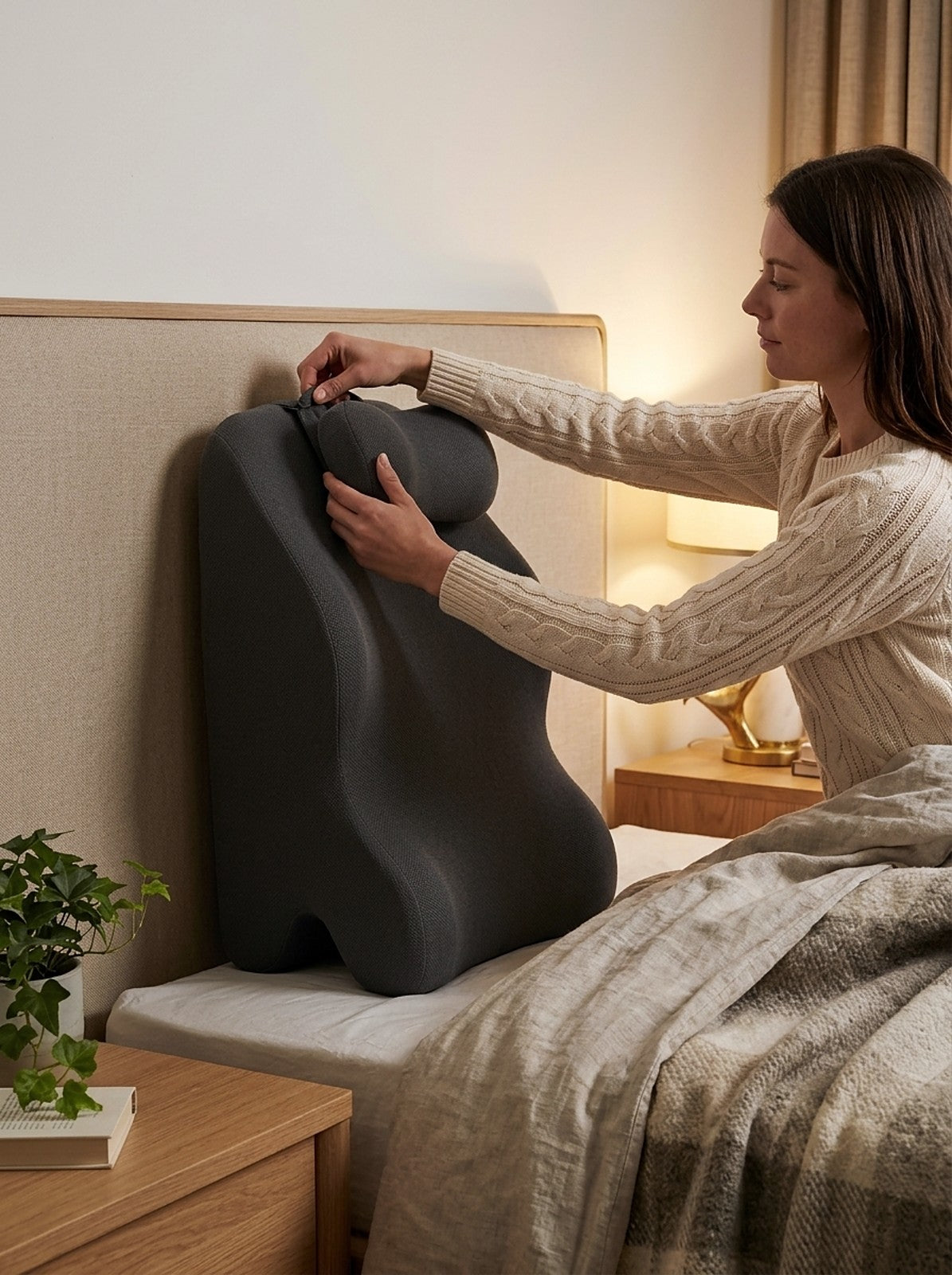 Une femme fixe l'appui-tête amovible sur le coussin