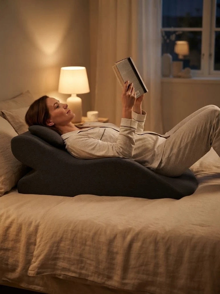 Une lectrice allongée sur le dos sur le coussin de lecture couché à plat, la nuque sur l'appui-tête